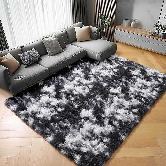 ONASAR Black and White Area Rugs for Living Room, 5x8 Fluffy Bedroom Rug, Soft Plush Shag Floor Carpet for Nursery Kids Girls Boys Teen Baby Dorm Bedside Playroom Indoor Home Decor Aesthetic