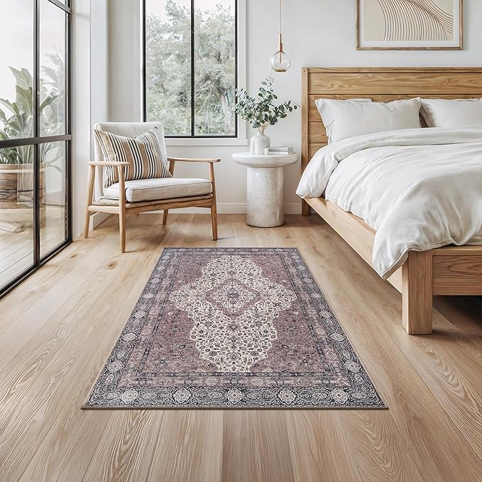 Area Rug 3' x 5' Cream Machine Washable Non-Slip Polyester
