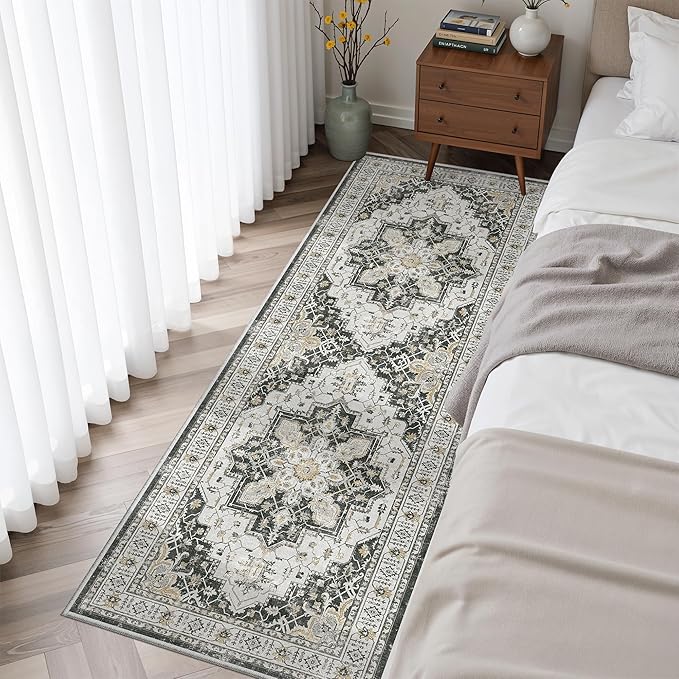 Madane Washable Runner Rug - 2x6 Rug Runners for Hallways 6 Feet Non Slip Vintage Kitchen Runner Rug Ultra-Thin Bathroom Runner Rugs Carpet Laundry Room Bedroom (2x6ft, Black)