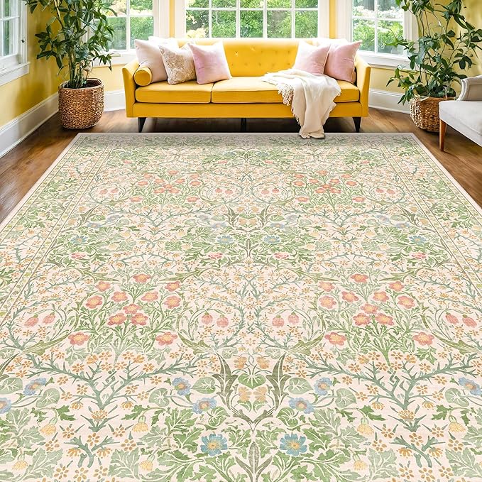 Washable Light Green Rug for Bedroom - 9x12 Large Area Rug for Dining Room Under Table, Living Room, Soft Low Pile Carpet for Playroom - Vintage Floral Non-Slip Stain Resistance (9x12 Beige Green)