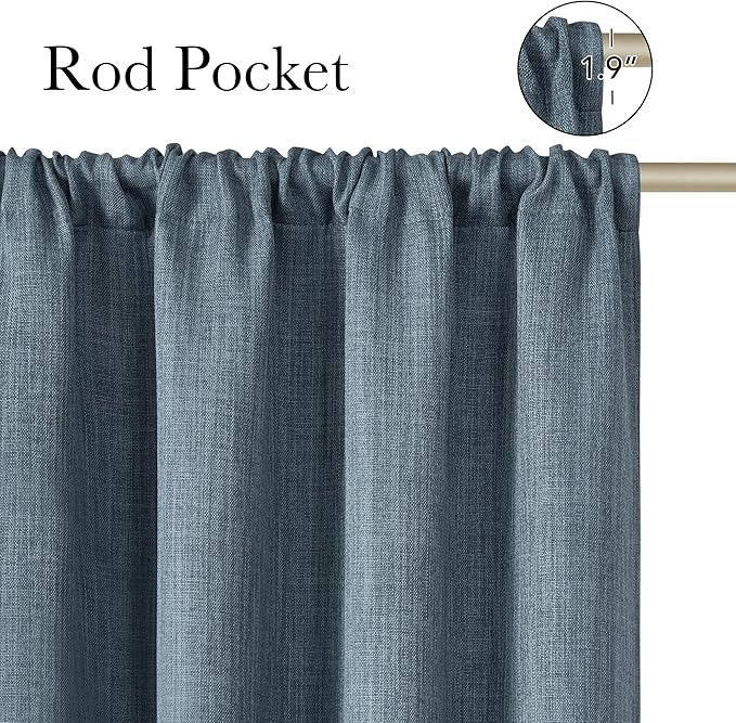 NICETOWN Mist Blue Faux Linen Room Darkening Rod Pocket Curtains 63 inch Length, W42 x L63, Light Blocking Thermal Insulated Noise Reducing Drapes for Bedroom Living Room Farmhouse Decor, 2 Panels