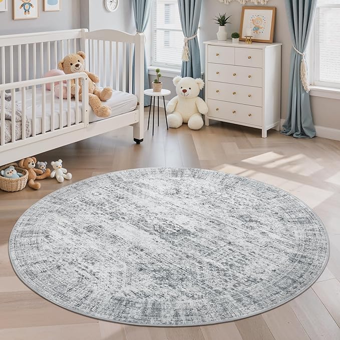 Soalmost 5x5 Grey Round Rug 5ft Living Room Circle Rug Vintage Gray Round Area Rug Non Slip Indoor Carpet for Entryway Dining Room Bedroom