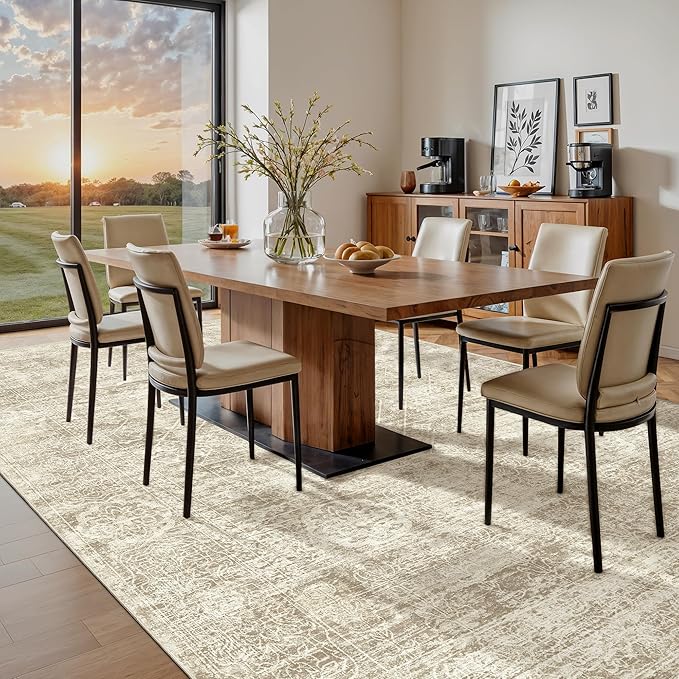 Madane 9x12 Area Rugs for Living Room, Soft Vintage Beige Area Rug with Non Slip Backing, Washable Non-Shedding Low Pile Large Print Floor Carpet for Home Office Decor