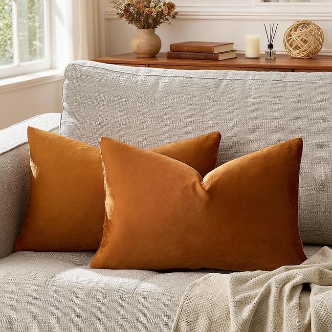 GIGIZAZA 12x20 Dark Burnt Orange Pillow Covers Velvet Lumbar Pillow Decorative Throw Pillows Couch Sofa Covers Bedroom Set of 2