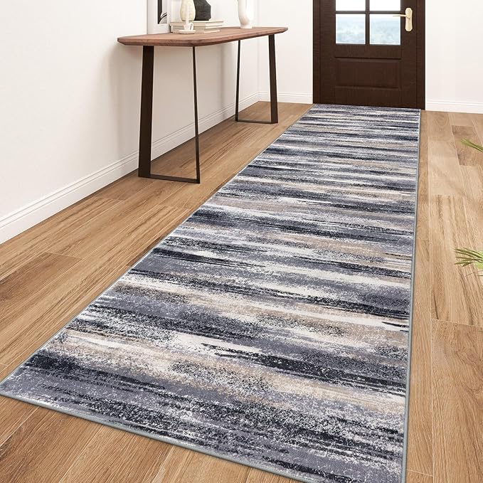 Lansny Modern Abstract Runner Rug 3x10, Grey Black Multi Washable Kitchen Runner Non-Slip Soft Hallway Rug Runner Thin Print Faux Wool Carpet for Entryway Bedroom Laundry Room Indoor Home Office Decor