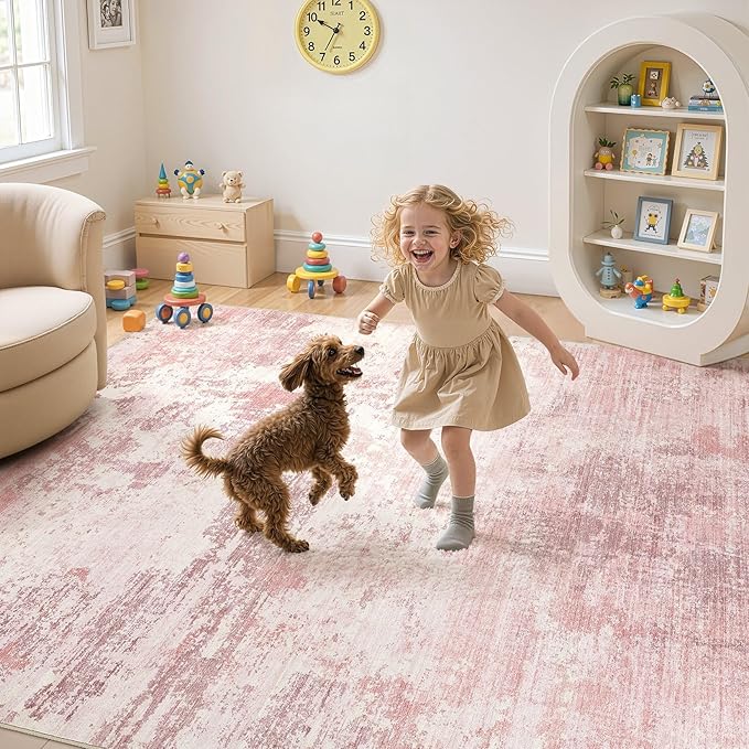 UERMEI 5x7 Area Rug Living Room Rugs Thickened - Washable Neutral Modern Abstract Soft Rug Indoor Floor No Slip Rug Carpet for Bedroom Under Dining Table Home Office Decor - Pink