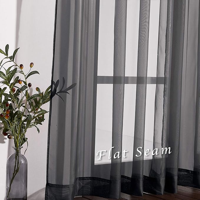 NICETOWN Sheer Curtains for Windows 54 inch Long, Ring Top Soft Voile Sheer Texture Classic Window Treatment with Light Through for Bedroom/Living Room, Black, 54 inch Wide, 2-Pack