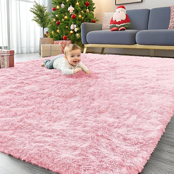 OLANLY 8x10 Machine Washable Large Area Rugs for Living Room, Bedroom, Soft Fluffy Shaggy Bedside Rug, Indoor Floor Carpet for Kids Girls and Boys, Dorms, Nursery, Home Decor Aesthetic, Pink