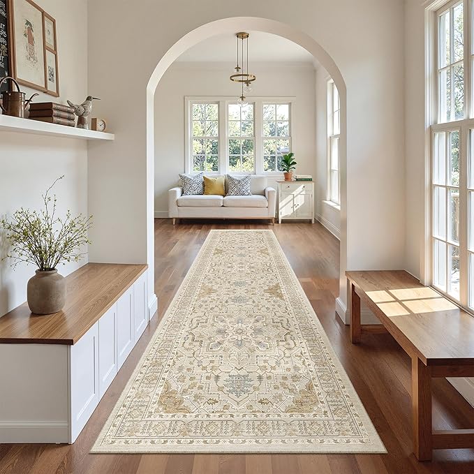 Madane Hallway Runner Rug 2'6''x10' Kitchen Runner, Non Slip Vintage Runners for Hallways 10ft Washable Kitchen Rugs Soft Low Pile 2.5x10 ft Rug Runner for Entryway and Bedroom, Beige/Blue