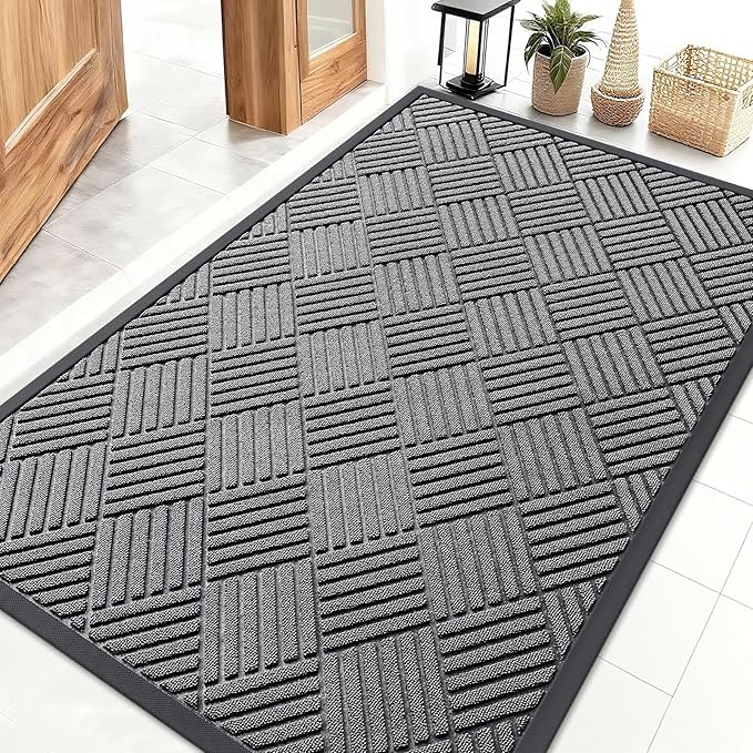 OLANLY Front Door Mat Outside Entrance 47x32, Absorbent, Heavy Duty Sturdy Natural Rubber Doormat Indoor Outdoor, Stain and Fade Resistant, Non-Slip Low Profile Floor Mat for Entryway, Grey Diamond