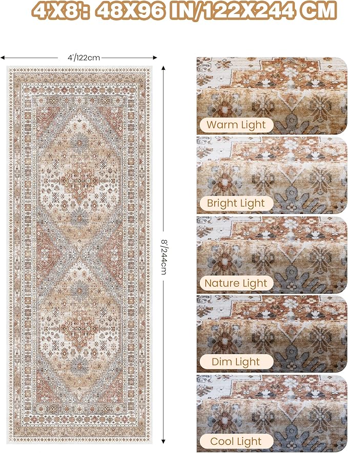 4x8 Rug for Bedroom,Wide Runner Rug for Hallway, Non Slip Washable Runner Rug for Living Room, Low Pile Soft Entryway Kitchen Rug, Vintage Home Decor Mat for Dining Room(Orange,4'x8')