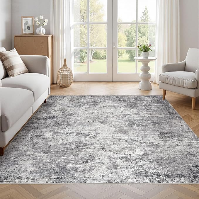 UERMEI Square Area Rugs : Washable 6x6 Neutral Modern Abstract Carpet for Living Room Bedroom - Soft Floor Mat with Non Slip Backing for Kitchen Nursery Dorms Farmhouse Home Decor - Grey