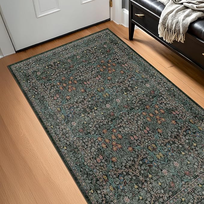 Dark Green Washable Entry Rug, 3x4 Rugs for Entryway Kitchen Bathroom Door Mat Indoor Entrance, Non Slip Rubber Backing, Stain & Fade Resistant, Vintage Floral Design