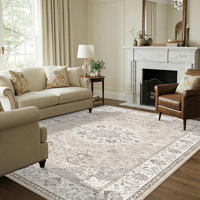 7x10 Area Rug for Living Room: Washable Neutral Vintage Large Rugs for Bedroom, Office, Dining Room, Kids Room, Farmhouse Durable Low Pile Non Slip Carpet for High Traffic Areas(7x10 Beige)