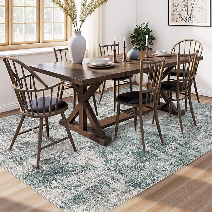 UERMEI 9x12 Area Rug Living Room Rugs - Washable Neutral Modern Abstract Soft Thin Large Rug Indoor Floor No Slip Rug Carpet for Bedroom Under Dining Table Home Office Decor - Green/Grey