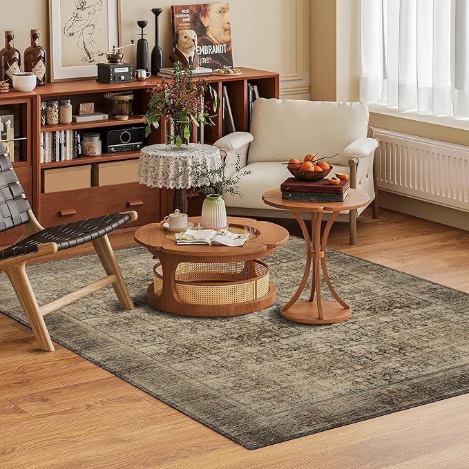 Washable Area Rug 4' x 6' Vintage Traditional Persian Mat - Foldable Distressed Non-Slip Machine Washable Carpet for Living Room Bedroom Kitchen Home Decor - Mocha and Taupe