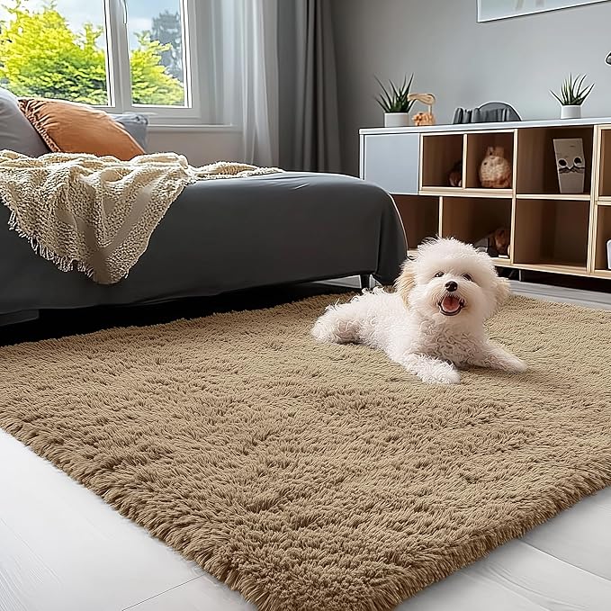 OLANLY 3x5 Machine Washable Small Bedside Rug, Soft Fluffy Shaggy Rugs for Living Room, Bedroom, Indoor Floor Carpet for Kids Girls and Boys, Preppy Dorms, Nursery, Home Decor Aesthetic, Taupe
