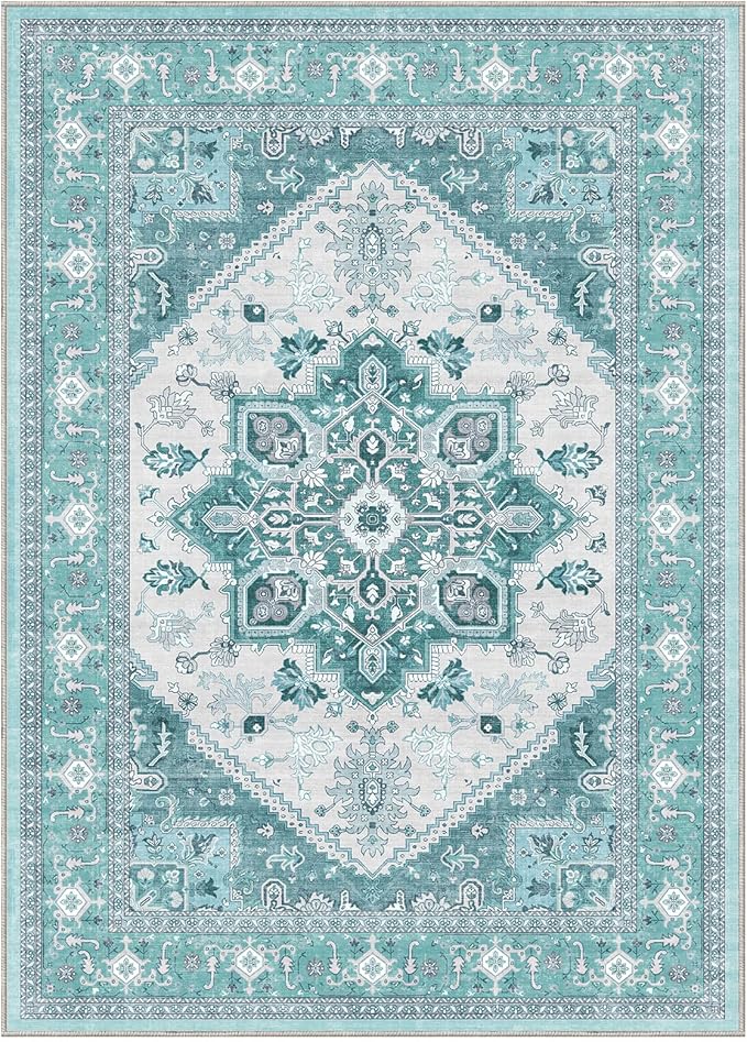 OPPODREAM Soft 6x9 Area Rugs, Washable Rug 6x9 with Non Slip Backing, Faux Cashmere Low-Pile 6 x 9 Carpet, Teal & Turquoise & Cream