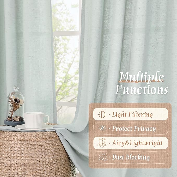LAMIT Linen Curtains 63 Inch for Bedroom, Light Filtering Neutral Semi Sheer Window Treatment Farmhouse Curtains Rod Pocket Panels for Living Room/Dining Room, 2 Panels, 42 x 63 Inch, Light Blue