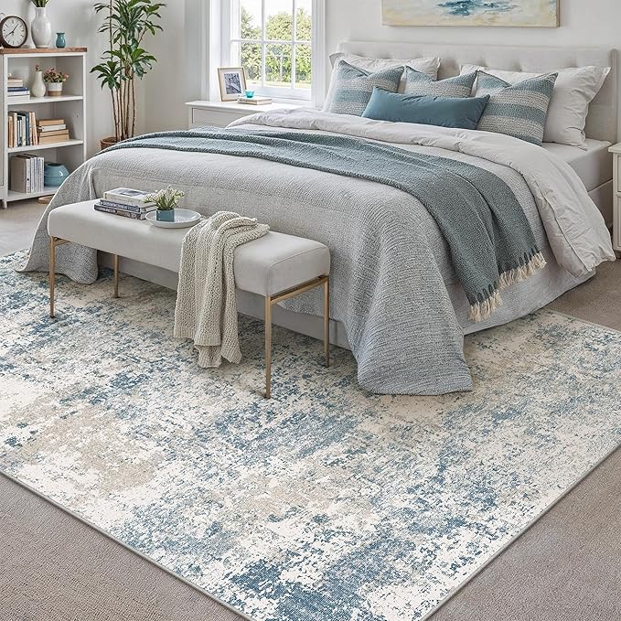 PureCozy Blue 8x10 Area Rug Washable Modern Abstract Living Room Carpet Non Slip Neutral Low Pile Soft Contemporary Aesthetic Bedroom Large Rug Indoor Office Dining Room Playroom