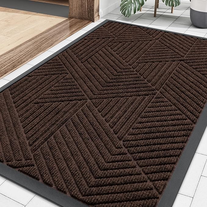 Smiry Front Door Mat Outside Entrance, Heavy Duty Sturdy Natural Rubber Doormat, Trap Dirt and Moisture, Easy Clean Low Profile Mats for Indoor Outdoor Entry, Irregular Triangle (29.5x17, Dark Brown)
