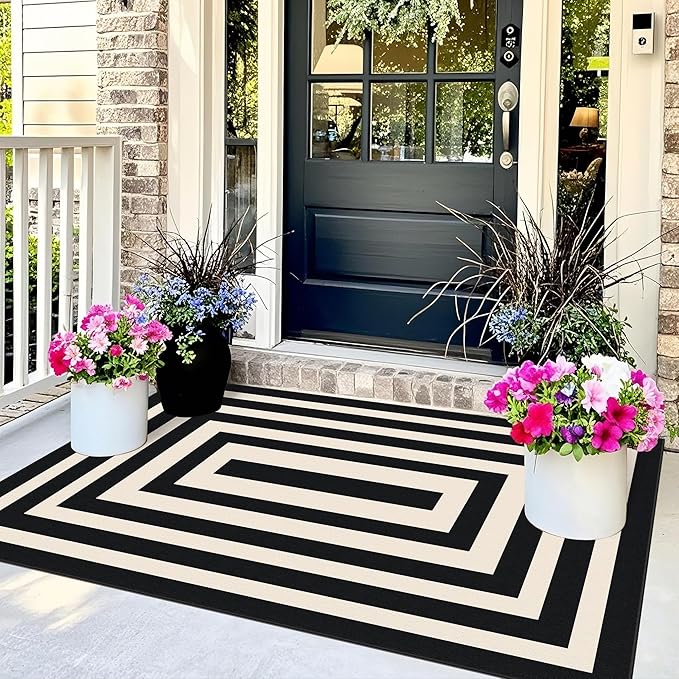 3x5 Modern Entry Rug - Small Washable Indoor Outdoor Mats for Front Door Non-Slip Porch Rug Black White Geometric Striped Throw Rugs for Living Room Bedroom Entryway Kitchen Office Porch Decor