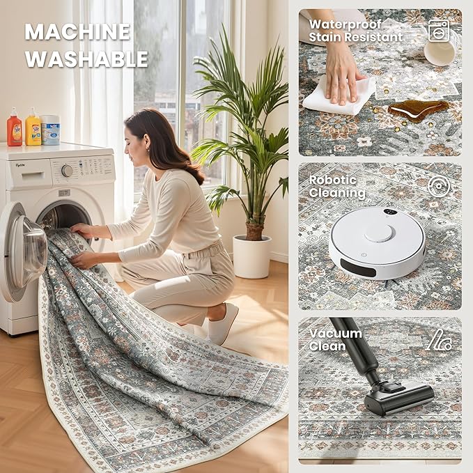 zesthome 6x9 Area Rug, Super Soft Washable Rugs for Living Room, Non-Slip Stain Resistant Vintage Rugs, Ultra-Thin Large Area Rugs (Grey/Orange,6'x9')