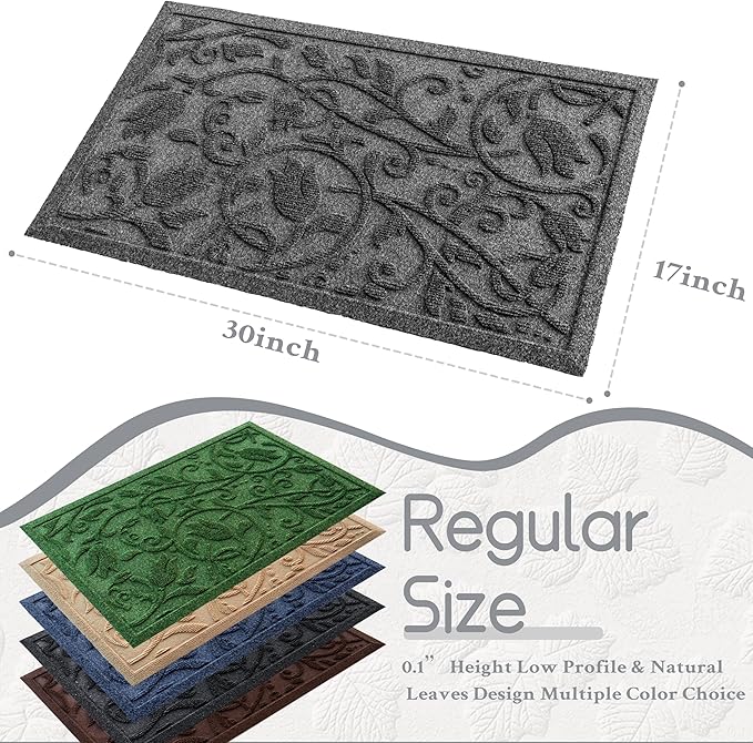 Boho Grey Floral Leaves Outdoor Indoor Entrance Doormats, Absorbent Durable Heavy Duty Welcome Front Door Mat,Thick Natural Rubber Back,Easy Clean Entryway Mat 23x35 Inch, Low Profile