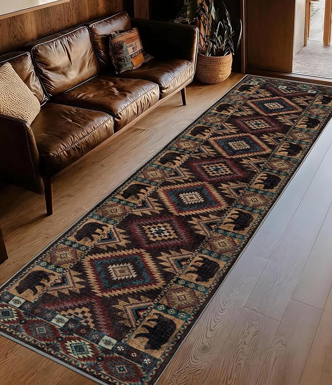 Hallway Runner Rug 2x8 Indoor Door Mat - Western Rug Bear Rustic Cabin Non-Slip Entryway Rug, Low Pile Tribal Print for Kitchen, Bedroom