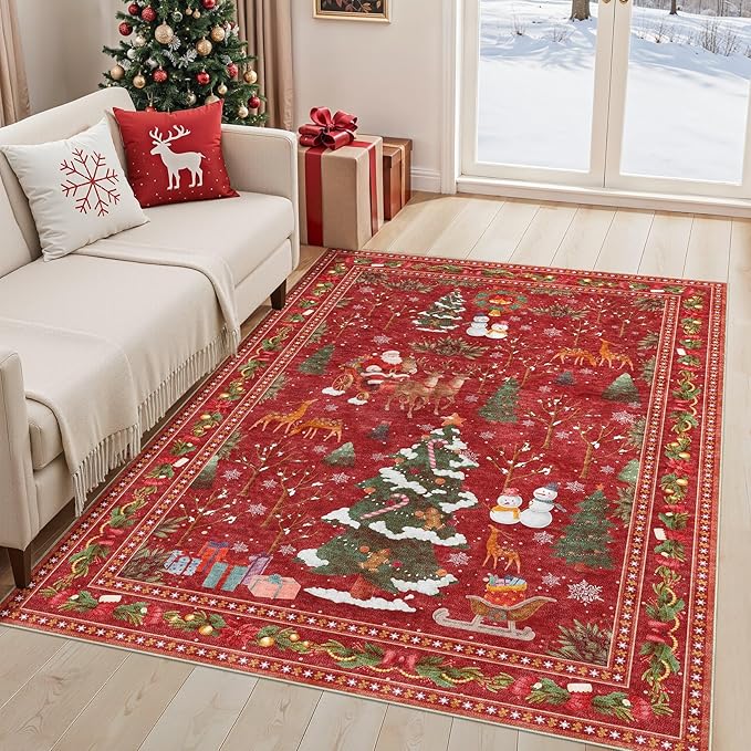 UERMEI Christmas Area Rug Living Room Rugs: 5x7 Neutral Modern Washable Festive Soft Thin Non-Slip Indoor Carpet for Bedroom Dining Table and Home Office Holiday Decor - Red