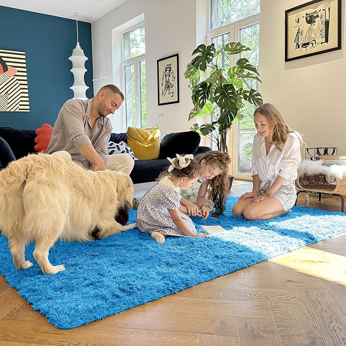 OLANLY 2x3 Machine Washable Small Bedside Rug, Soft Fluffy Shaggy Entryway Throw Rugs for Bedroom, Living Room, Indoor Floor Carpet for Kids Girls and Boys, Home Decor Aesthetic, Bright Blue