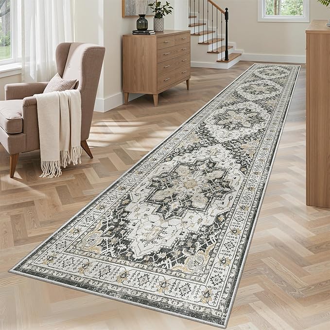 Madane Runner Rugs for Hallway 2x10 Long Washable Non-Slip Hallway Runner Rug Low-Pile Stair Kitchen Runner Soft Throw Carpet for Entrance Living Dining Laundry Room (Black, 2 x 10)