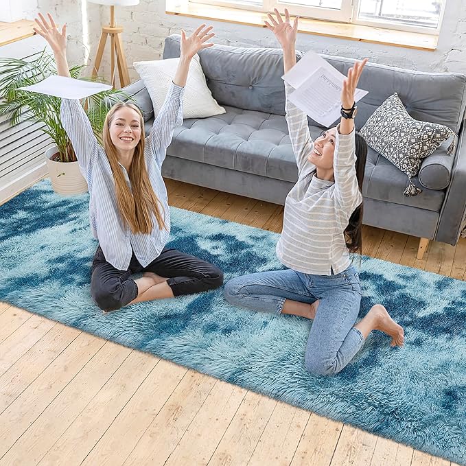 Super Soft Fluffy Living Room Area Rug 2x10 ft Tie-Dyed Light Blue Shaggy Furry Carpet Washable Non-Slip Floor Rugs Bedroom Bedside Nursery Rug Fuzzy Girls Boy Dorm Home Decor Aesthetic