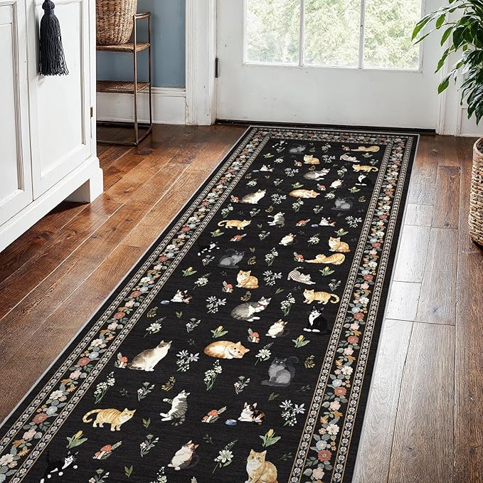 2x5 Washable Kitchen Runner Rug - Soft Low Pile Floral Animal Cat Print Rugs with Non-Slip Backing Waterproof Stain-Resistant Indoor Carpet for Hallway Entryway Bathroom Bedroom (Black)