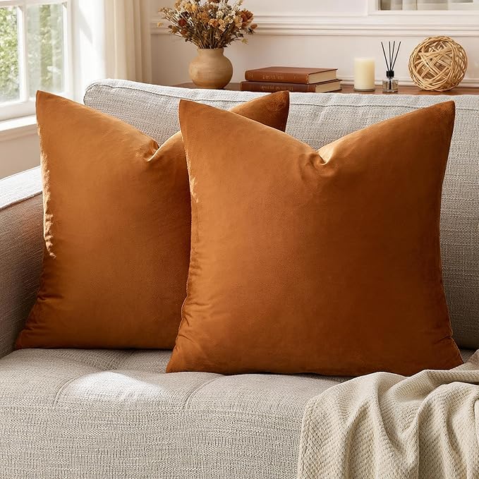 GIGIZAZA Throw Pillow Covers 22x22 Inch Dark Burnt Orange Velvet Pillows Decorative Covers Pack of 2 for Sofa Pillowcase Cushion Covers