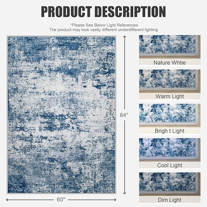 5x7 Area Rug Living Room Rug: Washable Modern Abstract Soft Thin Rug Indoor Floor No Slip Stain Resistant Carpet for Bedroom Dining Room Farmhouse Nursery Home Office - Blue