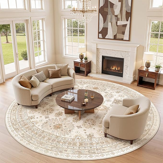 zesthome 8ft Round Rugs for Living Room, Non-Slip Washable Round Area Rugs, Ultra-Thin Large Circle Rugs, Soft Low Pile Rug for Bedroom, Kitchen - Vintage Stain Resistant Round Rug (Cream/Beige,8'x8')