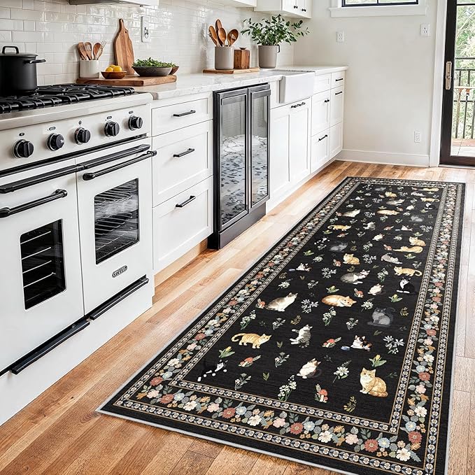 3x7 Washable Kitchen Runner Rug - Soft Low Pile Floral Animal Cat Print Rugs with Non-Slip Backing Waterproof Stain-Resistant Indoor Carpet for Hallway Entryway Bathroom Bedroom (Black)