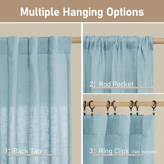 LAMIT 40 Inch Length Linen Curtains for Small Windows, Semi Sheer Light Filtering Panels Back Tab and Rod Pocket Country Decor Drapes for Basement/Kitchen, Stone Blue, 2 Panels, 34 x 40 Inch