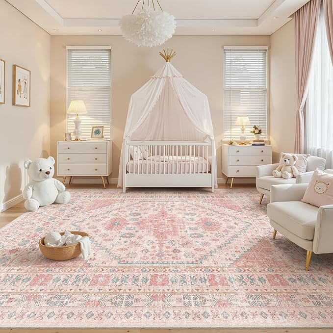 zesthome 8x12 Area Rugs for Girls Bedroom, Low Pile Machine Washable Rugs, Vintage Large Pink Rugs, Stain Resistant Nursery Room Rug, Baby Crawling Rug (Pink/Blue,8'x12')