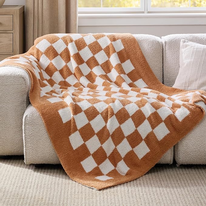 Bedsure GentleSoft Checkered Throw Blanket for Couch - Super Soft Cozy & Warm Knit Burnt Orange Blanket, Breathable, Lightweight & Fluffy Plaid Blankets for Bed, Sofa, Gifts for Women, 50x60 Inches