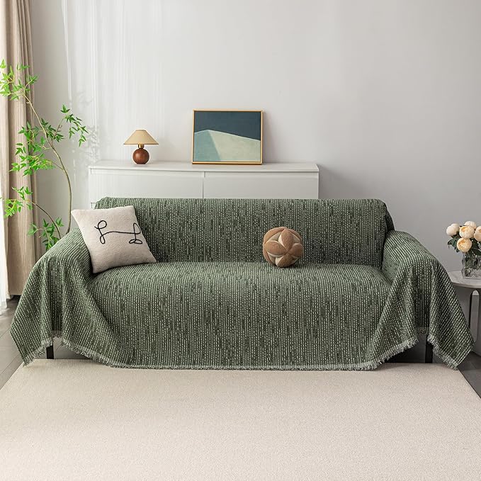 MYSKY HOME Boho Couch Cover Moss Green Sofa Covers with Tassel Farmhouse Sofa Slipcover Simple Couch Protector for Dogs Chenille Sectional Couch Covers L Shaped Couch Cushion Covers, 71"x 134"