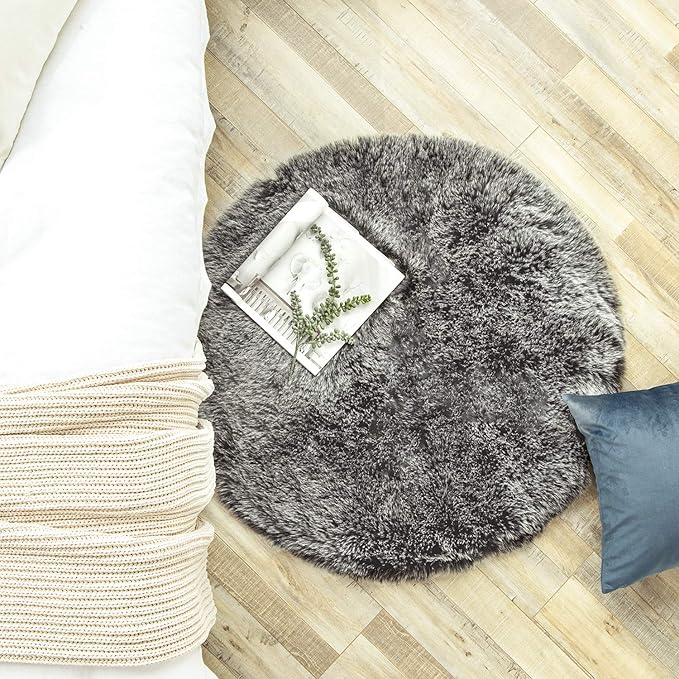 Ashler HOME DECO Soft Fox Faux Fur Chair Couch Cover Area Rug for Bedroom Floor Sofa Living Room Black White 3 x 3 Feet Round