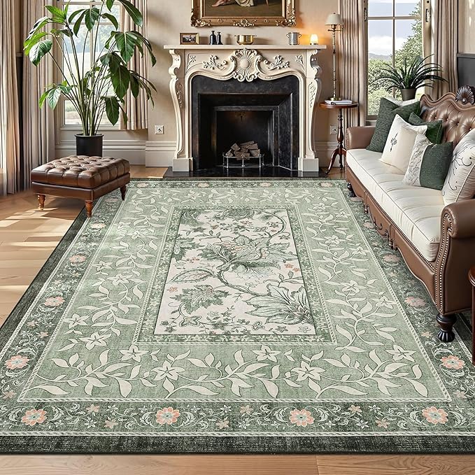 GarveeHome Provence Area Rugs 9x12 Living Room, Botanical Grove Sage Green Cottagecore Washable Rug for Bedroom Dining Nursery Low-Pile Vintage Large Soft Carpet