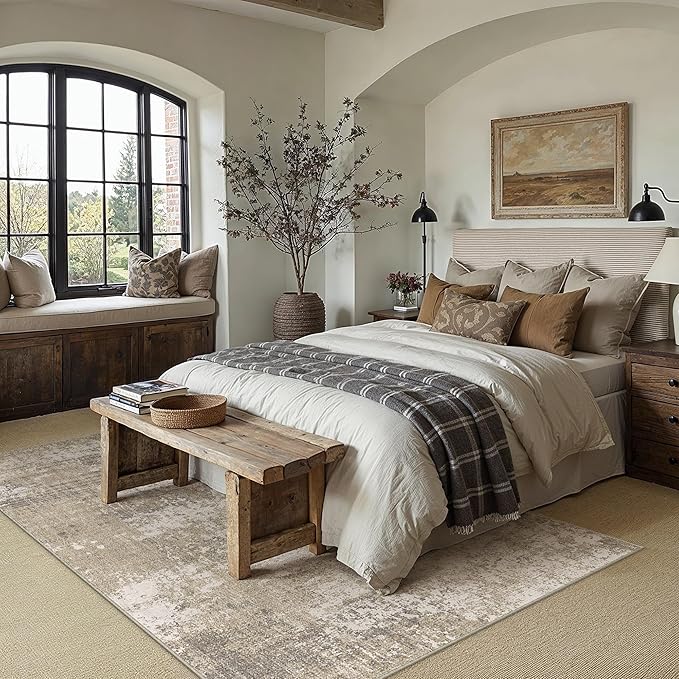 Beige Area Rug 8x10 Machine Washable Modern Abstract Living Room Carpet Non Slip Neutral Low Pile Soft Non Shedding Bedroom Contemporary Large Rug Indoor Office Dining Room Playroom