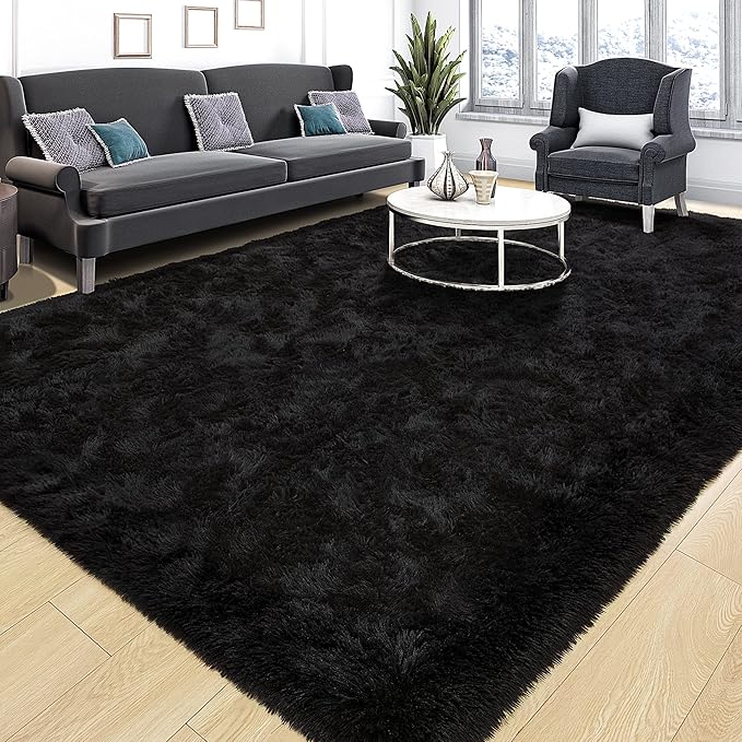 Tepook Fluffy Large Rugs for Living Room, Shag Area Rug 6x9 Soft Carpet for Bedroom, Modern Shaggy Rug for Kids Boys Girls, Plush Indoor Nursery Home Decor Rug with Non-Slip Bottom, Black, 6 X 9 Feet