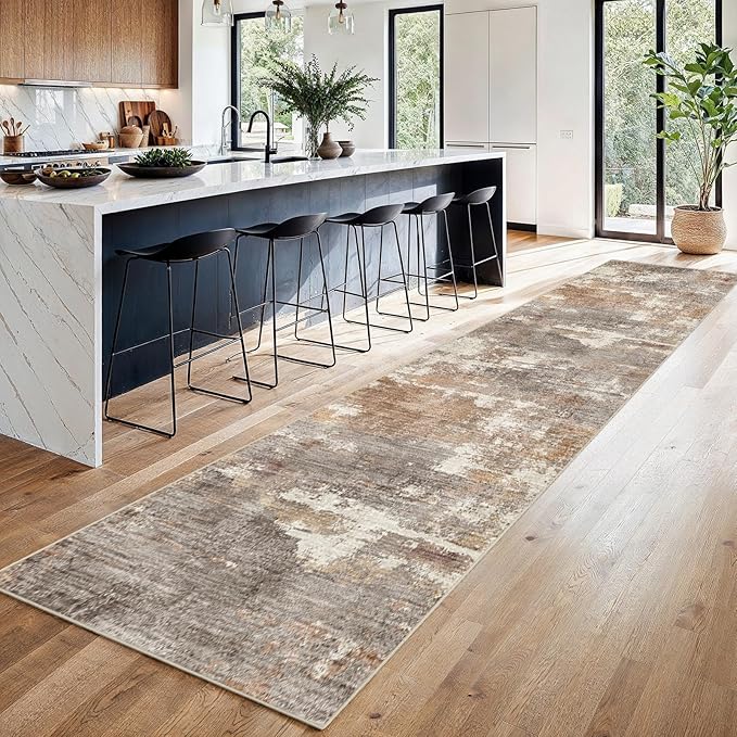 2'6''x14' Washable Kitchen Runner Rug: Modern Abstract Runners for Hallway Soft Non Slip Rugs with Rubber Backing Low Pile Thin Floor Carpet for Entryway Bedroom Bathroom Indoor(Brown/Brick,2'6''x14')