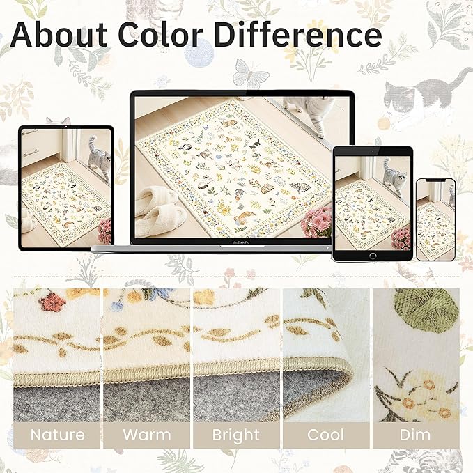Cat 5x7 Area Rugs for Living Room, Machine Washable Animal Floral Vintage Rug Non-Slip Low Pile Soft Throw Rugs for Kitchen Dining Room Bedroom Nursery Playroom (5 x 7,Beige)