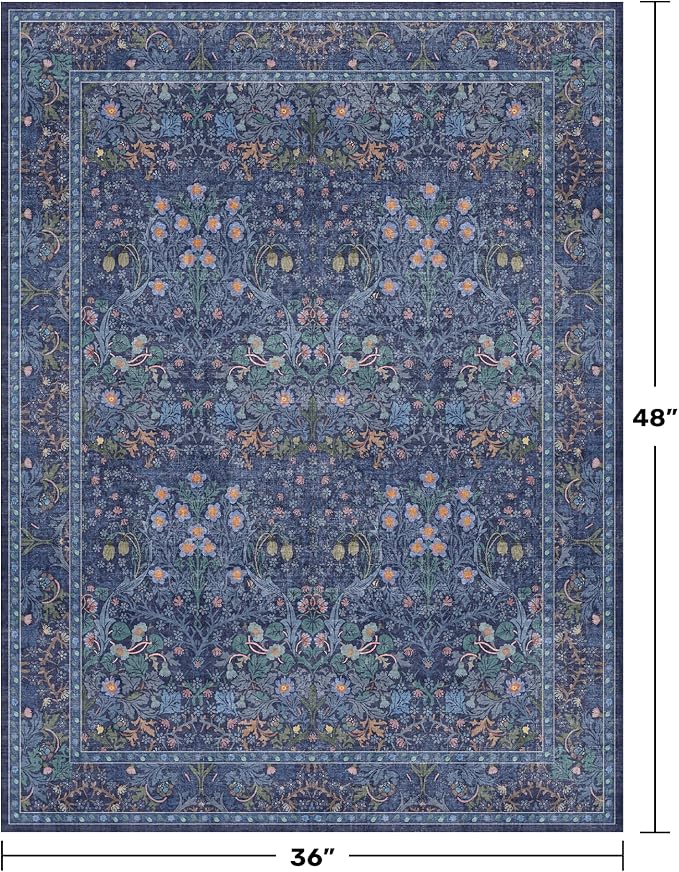 Vintage Dark Blue 3x4 Entryway Rug, Washable Small Area Rugs for Kitchen, Bedroom, Oriental Low Pile Stain Resistant Non-Slip Large Rug