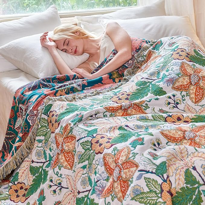 MSGKV Boho Throw Blanket for Couch Chair 100% Cotton Embroidery Floral Blanket 50"x60" Sofa Blankets for All Seasons Lightweight Farmhouse Muslin Spring Breathable Bed Blankets Home Decor